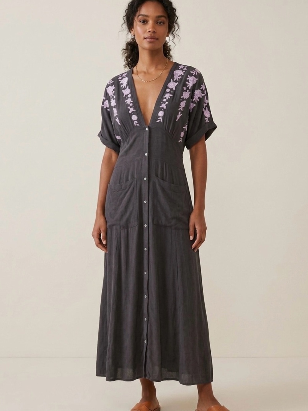 Free People Love to Love You Charcoal Embroidered Boho Midi Dress XS